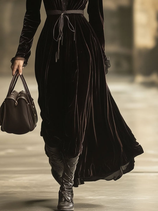 Oyrosy V-Neck Lace Panel Velvet Long Sleeve Maxi Dress Brown