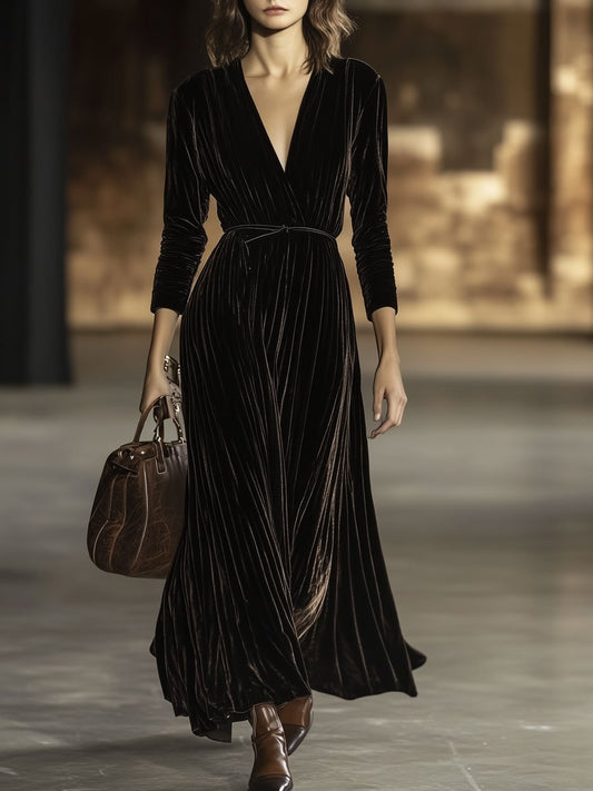 Oyrosy V-Neck Velvet Long Sleeve Maxi Dress with Belt Brown