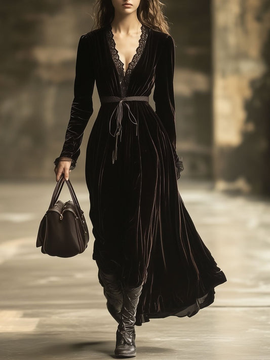 Oyrosy V-Neck Lace Panel Velvet Long Sleeve Maxi Dress Brown