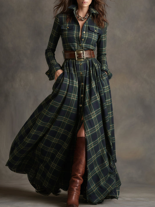 GY Retro Ethnic Lapel Plaid Long Sleeve Maxi Dress