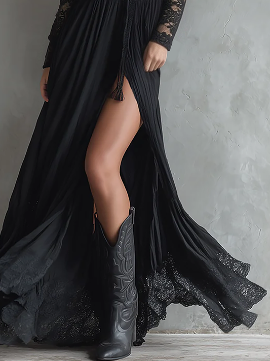 ZT Western-Style Lace-Paneled Long Sleeve Split Maxi Dress Black