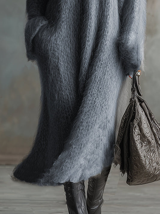 GY V-Neck Faux Rabbit Fur Knitted Long-Sleeved Maxi Dress Gray