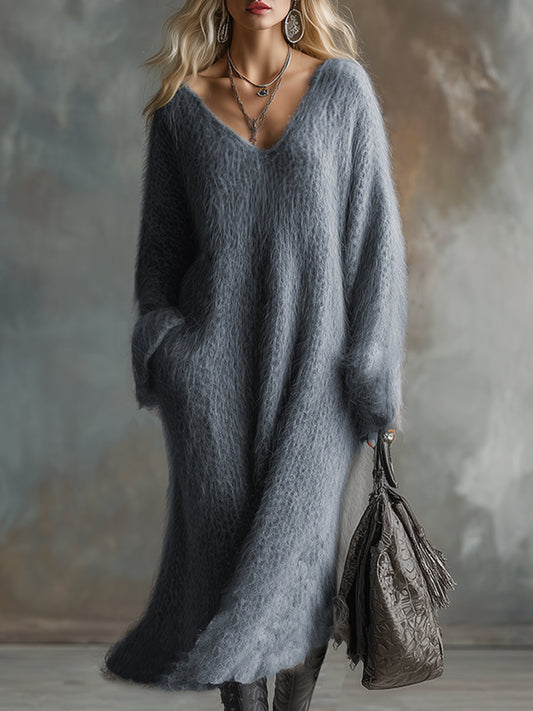 GY V-Neck Faux Rabbit Fur Knitted Long-Sleeved Maxi Dress Gray