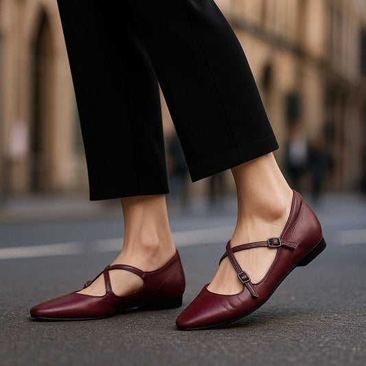 Amelier Women's Leather Ballet Flats Cross-Strap Almond Toe