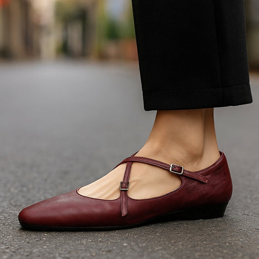 Amelier Women's Leather Ballet Flats Cross-Strap Almond Toe