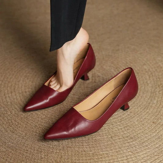 Amelier Women's Leather Kitten Heels Pointed Toe Slim Maroon