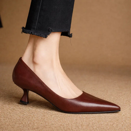 Amelier Women's Leather Kitten Heels Pointed Toe Slim Maroon