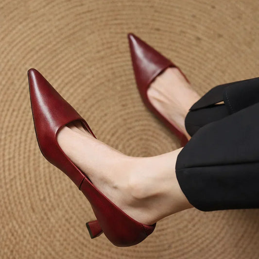 Amelier Women's Leather Kitten Heels Pointed Toe Slim Maroon