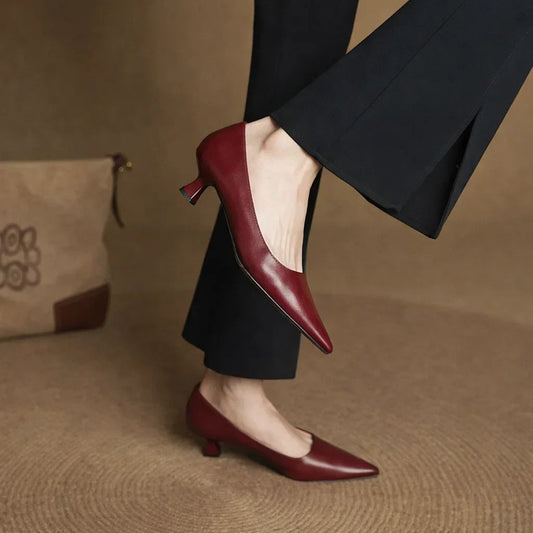 Amelier Women's Leather Kitten Heels Pointed Toe Slim Maroon