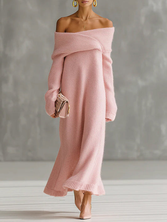 QMY Mohair Off-the-Shoulder Maxi Dress Loose Fit Pink